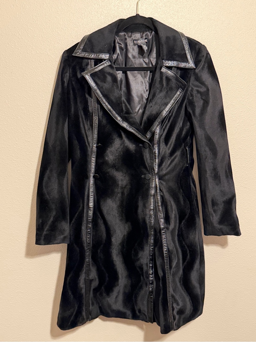 Bebe Black Double-Breasted Faux Fur and Leather Trim Coat Medium